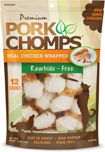 Vista 9 de Pork Chomps Masticables para perros de piel de cerdo horneada, mini nudos de 2.5 pulgadas, tira sabor tocino, 12