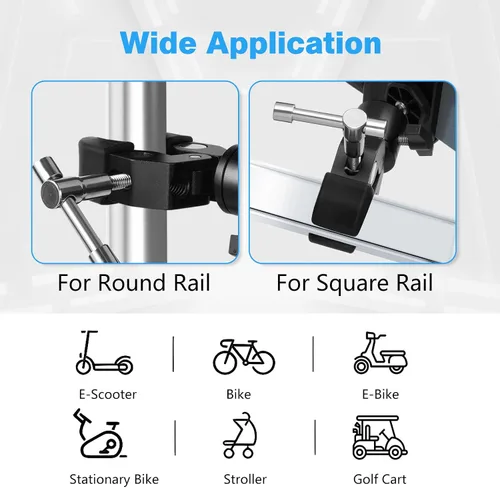 Vista 6 de Soporte de teléfono con abrazadera para carrito de golf, soporte universal de metal para manubrio, abrazadera de montaje para golf, cochecito