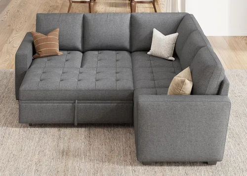 Vista 6 de HONBAY - Sofá seccional modular con cama desplegable, sofá convertible de lino en forma de L con asiento de almacenamiento, sofás seccionales