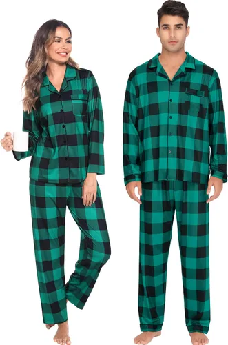 Vista 2 de Sexqero Conjunto de pijama familiar de Navidad a juego para parejas, ropa de dormir con botones y manga larga, a cuadros, conjunto de descanso S-XXL