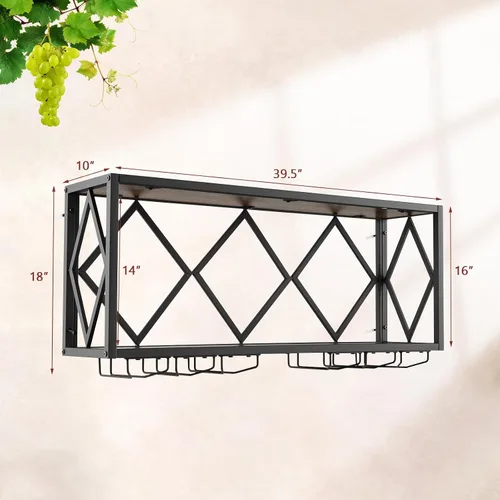 Vista 7 de Giantex Estante industrial para vino montado en la pared, soporte de pared de metal para 39 botellas de vino con 12 soportes para vidrio, estante