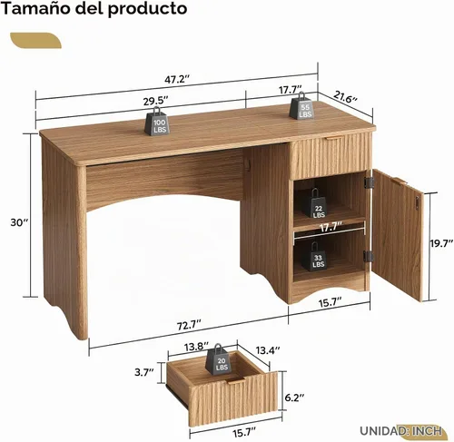 Vista 2 de Bestier Escritorio para computadora con cajón, escritorio de oficina de 47 pulgadas con armario de almacenamiento, escritorio de madera moderno