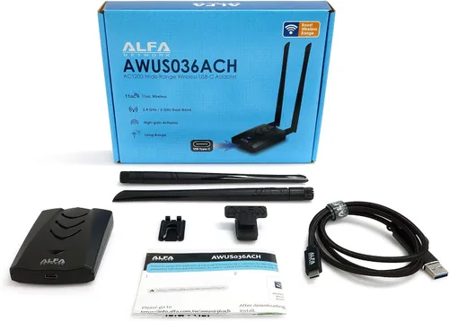 Vista 2 de 【Nueva versión tipo C WiFi USB】 ALFA AWUS036ACH Adaptador inalámbrico Wi-Fi de banda dual AC1200 de largo alcance con 2 antenas externas de 5dBi