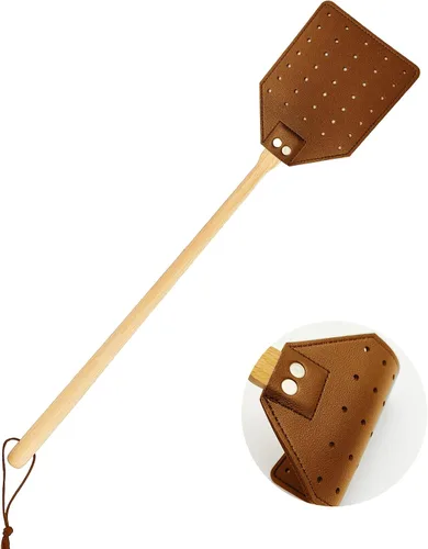 Vista 9 de Matamoscas de cuero resistente, matamoscas de mango largo con mango de madera de haya de 19.7 pulgadas de largo, matamoscas para interiores y Negro