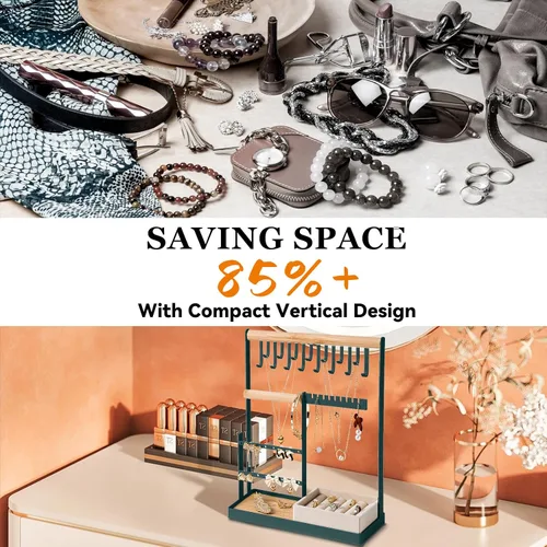 Vista 2 de Soporte organizador de joyas con soporte de terciopelo para anillos, organizador de joyas de 4 niveles con 15 ganchos, organizador de collares