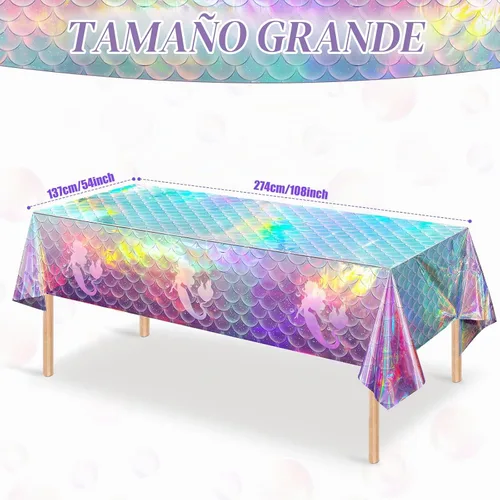 Vista 3 de 1 mantel de plástico iridiscente de sirena, manteles desechables con láser de sirenas, funda de mesa desechable para niñas, cumpleaños, bodas