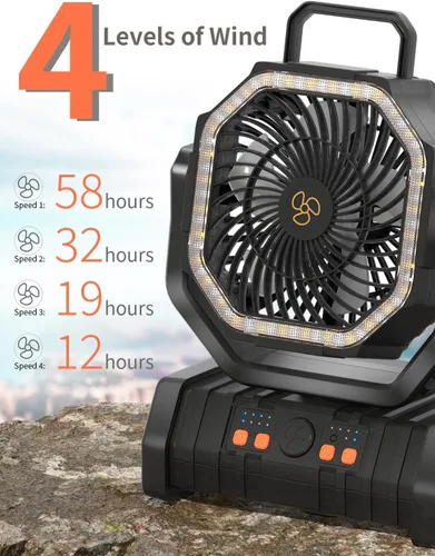 Vista 3 de Ventilador Operado por Batería Portátil Alimentado por Batería Ventilador para Tienda de Campaña al Aire Libre con Luz de Linterna LED 20000mAh