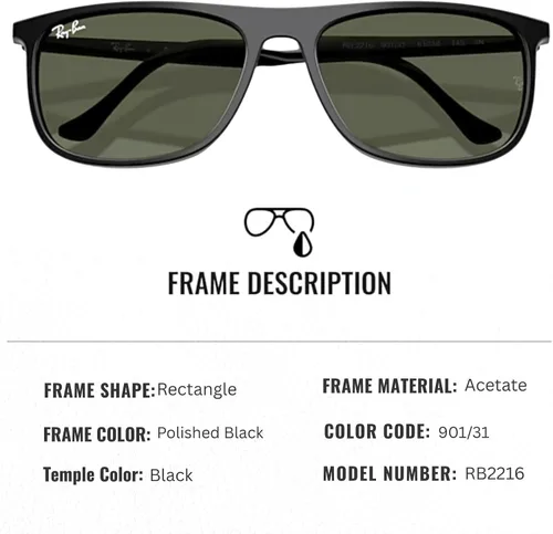 Vista 2 de Ray-Ban RB2216 Rectangle Shaped Sunglasses for Men & Women with Official RAYBAN Eyewear Kit