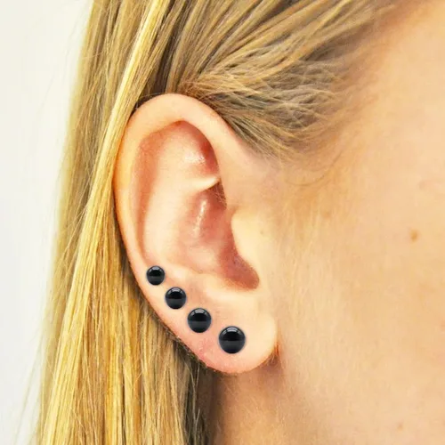 Vista 3 de Aretes de titanio con punta plana y bola, hipoalergénicos para mujeres y hombres, oro rosa, oroplatanegro, aretes redondos de 0.118 in a 0.236 in