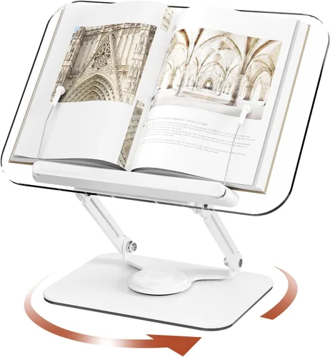 Vista 9 de BYMECOST Soporte de acrílico para lectura, soporte ajustable para libros con base giratoria de 360° y clips elásticos para páginas, soporte elevador