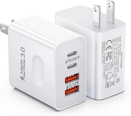 Vista 8 de [Paquete de 2] Bloque de cargador USB C, cargador de pared USBC de 40 W, 4 puertos, carga rápida, adaptador de corriente USB-C dual + enchufe