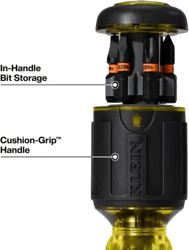 Vista 6 de Klein Tools 32308 Destornillador de Stubby Multi-bit, Herramienta magnética ajustable con 8 en 1 de impacto con Phillips, ranurado, cuadrado