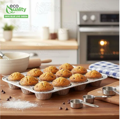 Vista 5 de Molde de aluminio para magdalenas de 12 tazas – Moldes desechables de aluminio para magdalenas – Estaño para magdalenas ideal para hornear cupcakes