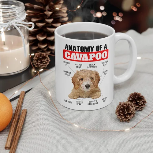 Vista 6 de Divertida taza de café de cerámica blanca de 11 oz con diseño de cachorro de Cavapoo