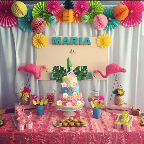 Vista 4 de 12 piezas de decoración de pastel de flamenco, flores de hibisco, hojas de palma, paletas, paletas, para verano, playa hawaiana, tropical, Luau