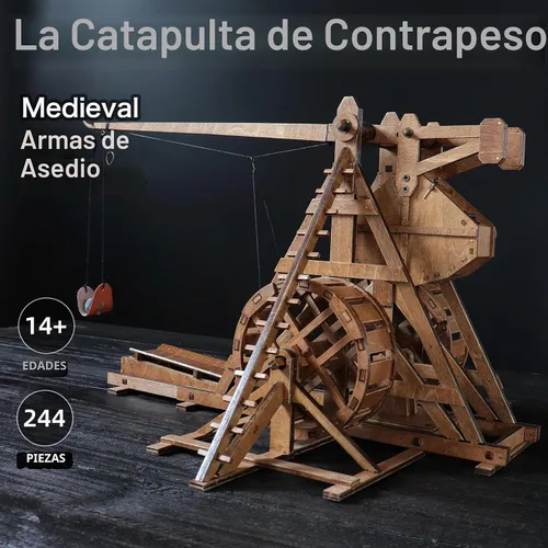Vista 4 de Mini contrapeso Trebuchet con ruedas Europa Medieval Siege Carro Catapulta Armas DIY 3D Rompecabezas de madera Kits de modelos mecánicos Proyectos