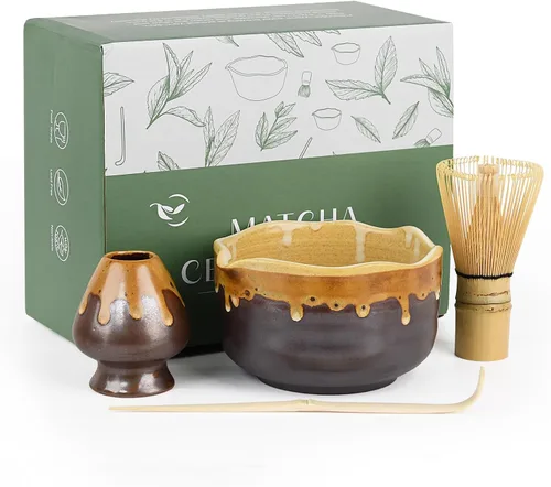 Vista 9 de Pottery Matcha Set – Tazón de té matcha japonés hecho a mano cuenco de esmalte mineral con boquilla, batidor de bambú, cuchara y soporte de Chasen