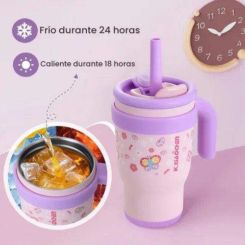 Vista 7 de KXIAOCHEN Vaso para niños de 14 onzas con asa para evitar derrames, vaso aislado reutilizable de acero inoxidable para niños pequeños, mantiene