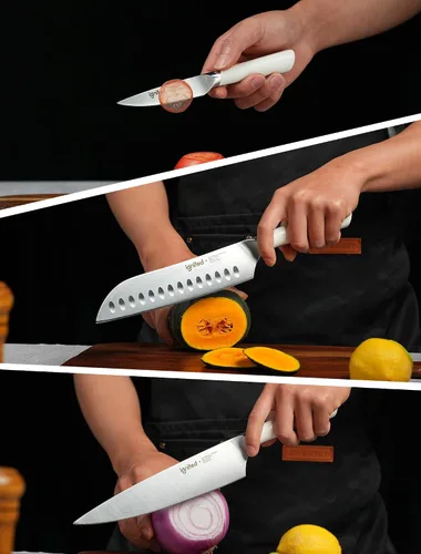 Vista 6 de Juego de cuchillos de chef de 3 piezas, acero inoxidable alemán, mango ergonómico blanco marfil, juego de cuchillos de cocina de diseño de espiga