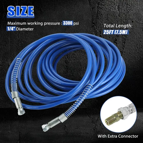 Vista 2 de MAOPINER Manguera pulverizadora de pintura sin aire de 1/4 de pulgada, 25 pies, azul, tubo de fibra flexible de alta presión de 3300 PSI, manguera