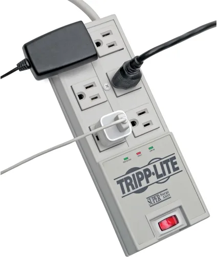 Vista 2 de Tripp Lite Regleta de protección contra sobretensiones de 6 tomas, cable de 6 pies, enchufe de ángulo recto y seguro de $50,000 (TR-6), gris