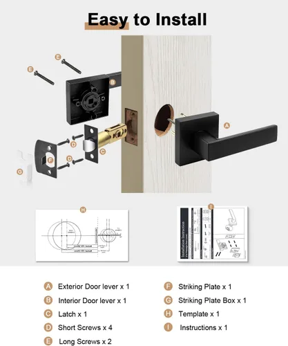 Vista 6 de Probrico Palanca de Paso Interior Negro Mate, Manija de Puerta de Pasillo y Armario sin Llave de Servicio Pesado, Herrajes de Interior Resistentes