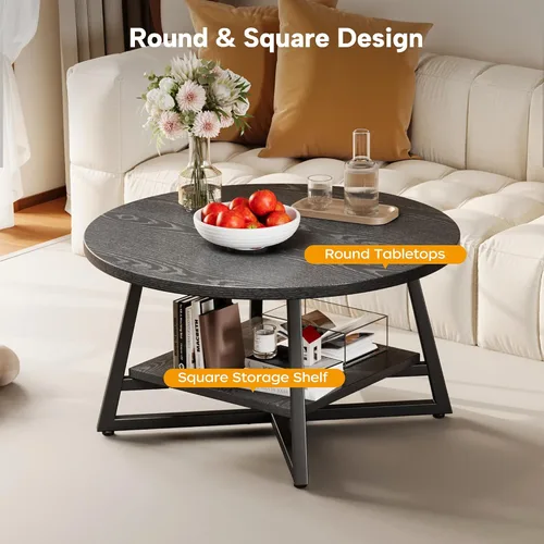 Vista 5 de Mesa de café para sala de estar, Mesa de café redonda, Mesa de café pequeña circular con almacenamiento, Mesa de centro redonda moderna de madera