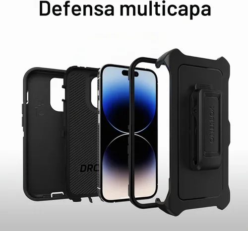Vista 3 de OtterBox Funda para iPhone 14 Pro (solamente) Defender Series, color negro, resistente y duradero, con protección de puerto, incluye soporte de clip