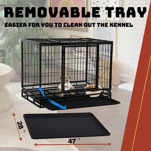 Vista 3 de HCY Jaula para perros grande de 48 pulgadas, resistente, plegable, con ruedas con bloqueo, puertas dobles, bandeja de plástico para mascotas