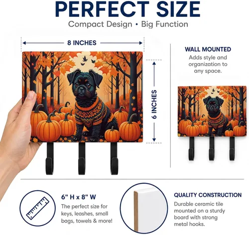 Vista 2 de Affenpinscher - Correa de otoño o llavero Affenpinscher Fall artwork on ceramic tile with three steel hooks for keys, leashes, towels
