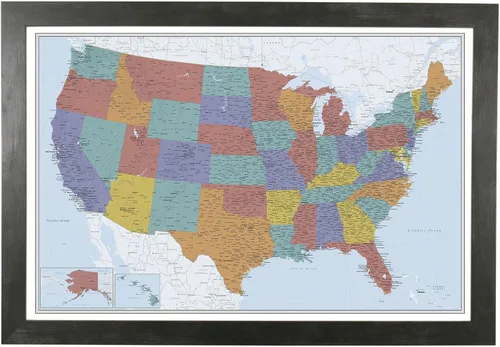 Vista 57 de Push Pin Travel Maps Lienzo personalizado Blue Oceans USA con marco gris de madera de granero