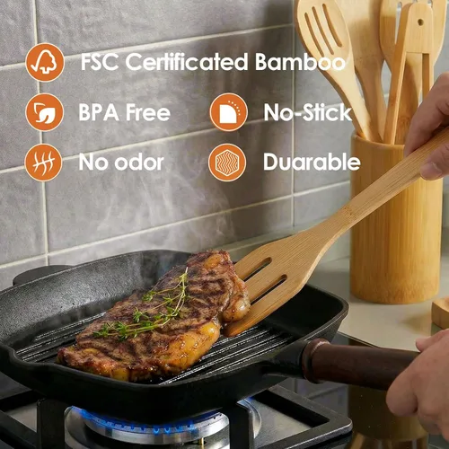 Vista 7 de Naturoom Juego de 8 utensilios de cocina, cuchara de cocina de madera de bambú de 12 pulgadas y espátula, herramientas perfectas para utensilios