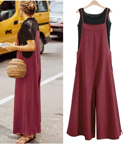 Vista 3 de YESNO PZZTYP2 Enterizo holgado de estilo informal, largo, overol con pantalones de pierna ancha, conjunto de una pieza de algodón, con bolsillos