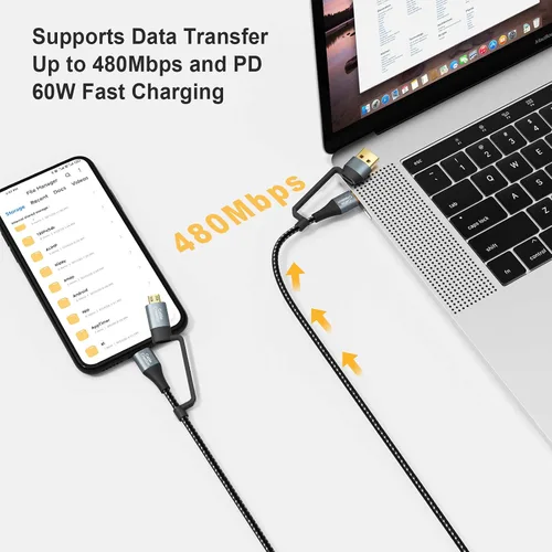 Vista 4 de CableCreation Cable de carga USB C de 6.6 pies, 4 en 1 Multi USB C a USB C, cable de carga rápida PD 3A Micro USB/Tipo C 480Mpbs de transferencia