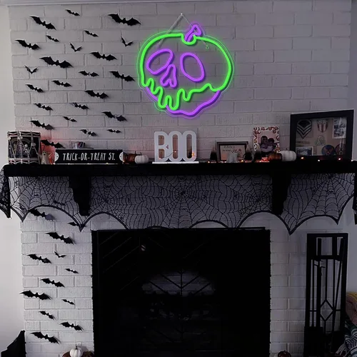 Vista 2 de WLHOPE Letrero de neón de Halloween regulable con calavera, manzana, para decoración de pared, luces LED de Halloween, conectividad USB, luces LED