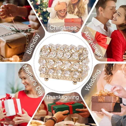 Vista 7 de ELLDOO Joyero de cristal, caja organizadora de aretes, anillos, decoración del hogar, caja decorativa con tapa, regalo dorado para San Valentín