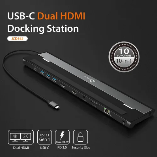 Vista 6 de j5create Estación de acoplamiento HDMI dual USB-C (10 en 1), pantalla HDMI dual 4K + 1080p, USB-A x3 de 5 Gbps, lector de tarjetas SD, PD 100 W