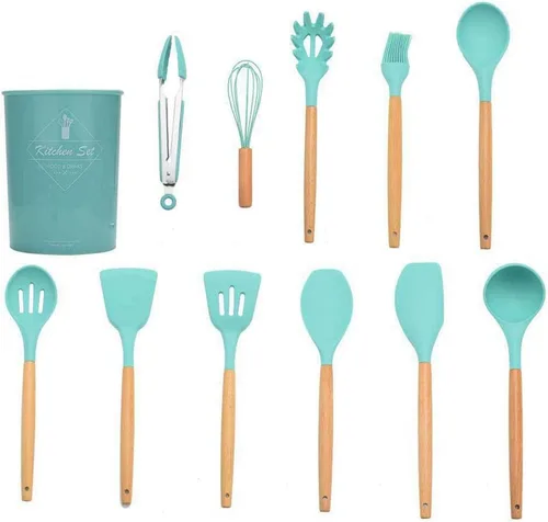 Vista 2 de Juego de 17 utensilios de silicona con mango de madera, resistente al calor, utensilios de cocina fáciles de limpiar, herramientas de cocina
