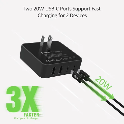 Vista 3 de Nekmit Cargador USB C, cargador de pared plano rápido y delgado de 52 W de 4 puertos con dos Power Delivery de 20 W y 2 puertos USB para iPhone