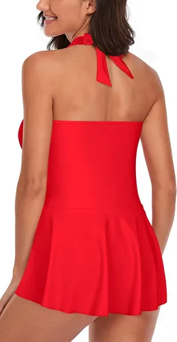Vista 2 de Traje de baño tankini halter de dos piezas para mujer, con control de abdomen, cuello en V, con pantalones cortos