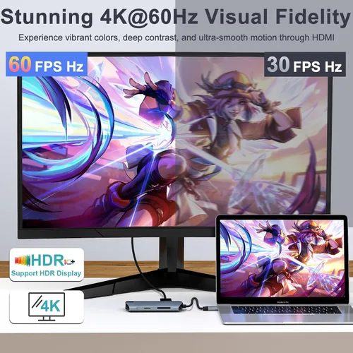 Vista 3 de Adaptador USB C Hub 8 en 1 Ethernet 4K HDMI para portátiles 4K @60Hz HDMI, 100W PD, 3x USB 3.0, 1Gbps Ethernet, lector SD/TF, para Mac/iPad/PC