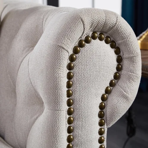 Vista 5 de Lestar Sofá Chesterfield de 3 plazas de 88 pulgadas con decoración de uñas en tela de lino, cómodos sofás para sala de estar (beige)