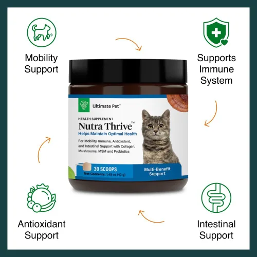 Vista 2 de Ultimate Pet Nutrition Nutra Thrive™ Suplemento para gatos, polvo desarrollado por veterinarios para la movilidad, apoyo inmunológico, antioxidantes