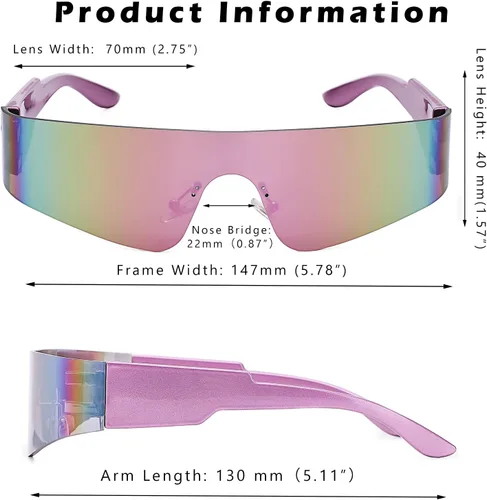 Vista 4 de Hycredi Y2K - Lentes de sol envolventes futuristas sin montura para mujeres y hombres, lentes de visera de una pieza, persianas Cyber Punk