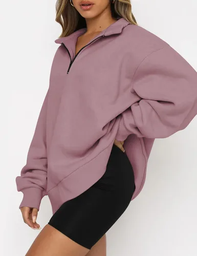 Vista 2 de EFAN Sudadera de gran tamaño con media cremallera para mujer, sudadera de manga larga con cremallera de un cuarto, sudadera moderna con capucha