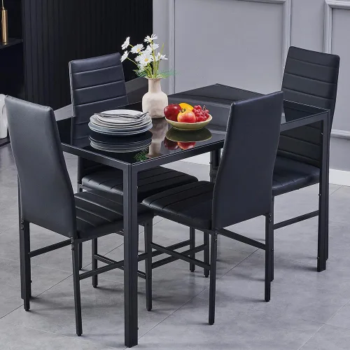 Vista 7 de Mesa de comedor rectangular negra de vidrio de 47.2 pulgadas, mesa de cocina moderna con mesa de vidrio templado y marco de acero de metal