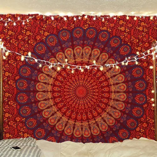 Vista 29 de Tapiz hippie indio bohemio psicodélico dorado azul pavo real mandala colgante en la pared (negro blanco, Queen (84 x 90 pulgadas) (84.6 x 90.6 in)