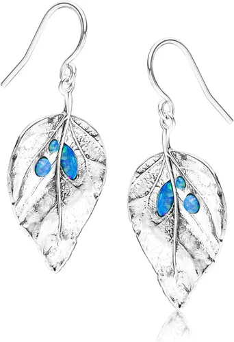 Vista 3 de Aretes de plata de ley 925 con forma de hoja con ópalo atrevido, oxidados, elegantes, hipoalergénicos, sin níquel ni plomo, colección de diseñador