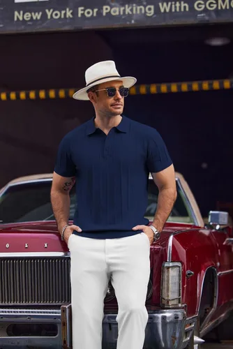 Vista 82 de COOFANDY Camisas polo de punto para hombre de manga corta con textura acanalada Camisas de golf casuales y ligeras con cuello Camiseta de polo