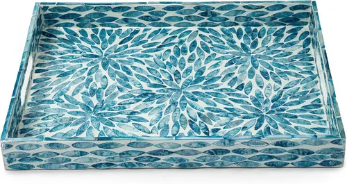 Vista 3 de Bandeja de Servir 15.7" X 11.8", Bandeja de Incrustación de Madre de Perla Lacada en Mosaico, Bandeja de Madera de Mármol Rectangular con Asas